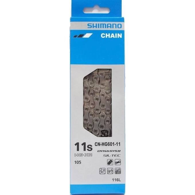 Цепь SHIMANO HG601, 11 скоростей, 116 звеньев, ампульный пин (1 шт), ROAD/MTB/E-BIKE совместимость ICNHG60111116 Цепь SHIMANO HG601, 11 скоростей, 116 звеньев, ампульный пин (1 шт), ROAD/MTB/E-BIKE совместимость ICNHG60111116